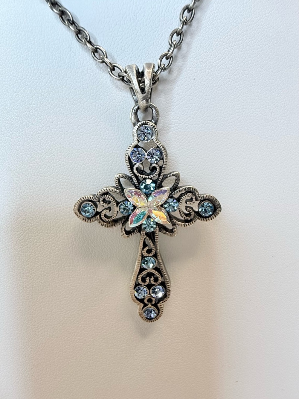 Lia Sophia Silver Filigree Cross Necklace with Blue and Aurora Crystals NWOT